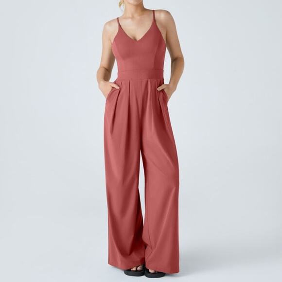 HALARA Pants - Harala Kapok Red Breezeful Backless Quick Dry Pleated Wide Leg Jumpsuit Medium